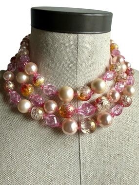 Vintage Coro Pink Faux Pearl Crackle Glass Multi Strand Collar Necklace